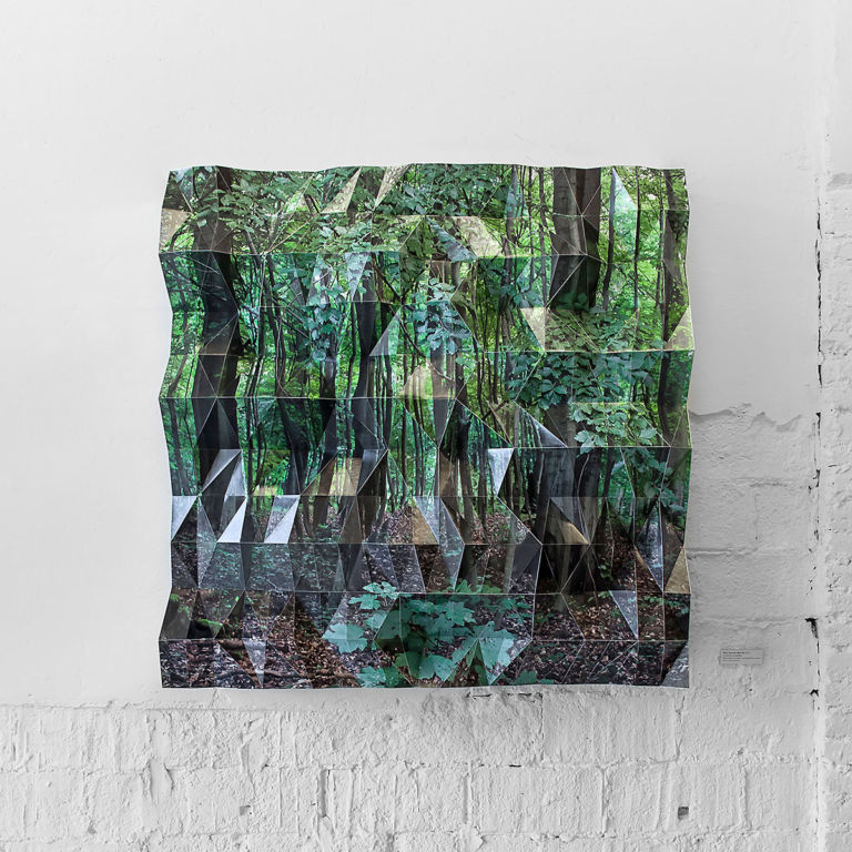 Faceted photographic wall sculpture looking down at a beech-oak forest floor in Germany