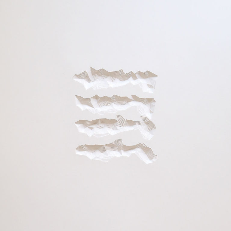 Layered white paper bas relief of four abstracted fishing lures