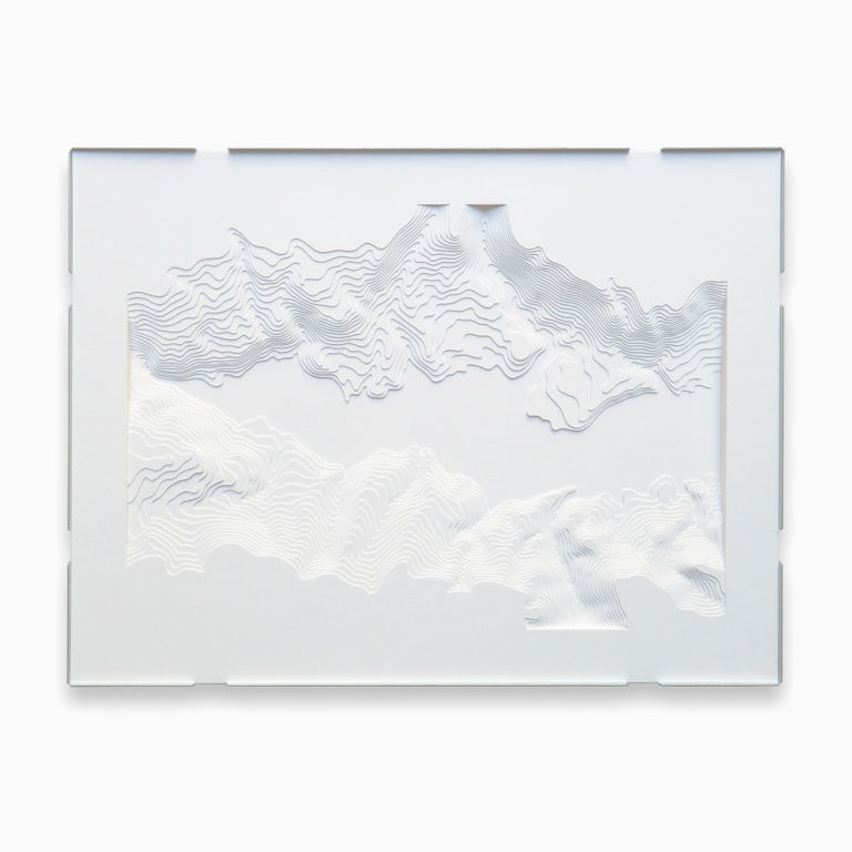 Threepart white paper relief in the style of a contour model portraying a riverscape, center panel