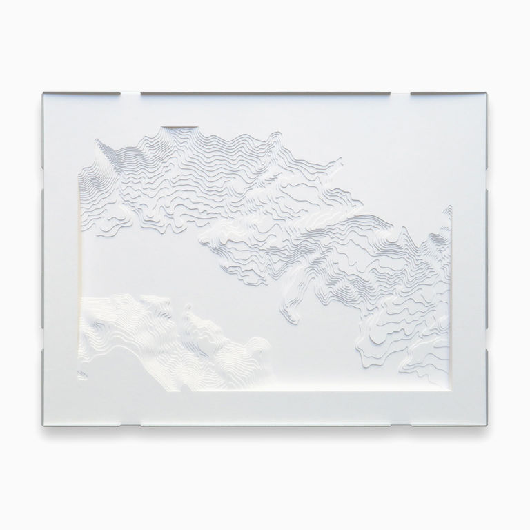 Threepart white paper relief in the style of a contour model portraying a riverscape, right panel