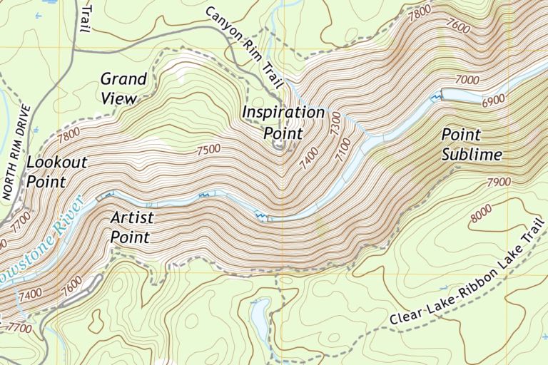Map detail from USGS topo map containing placenames like «Inspiration Point» and «Artist Point»